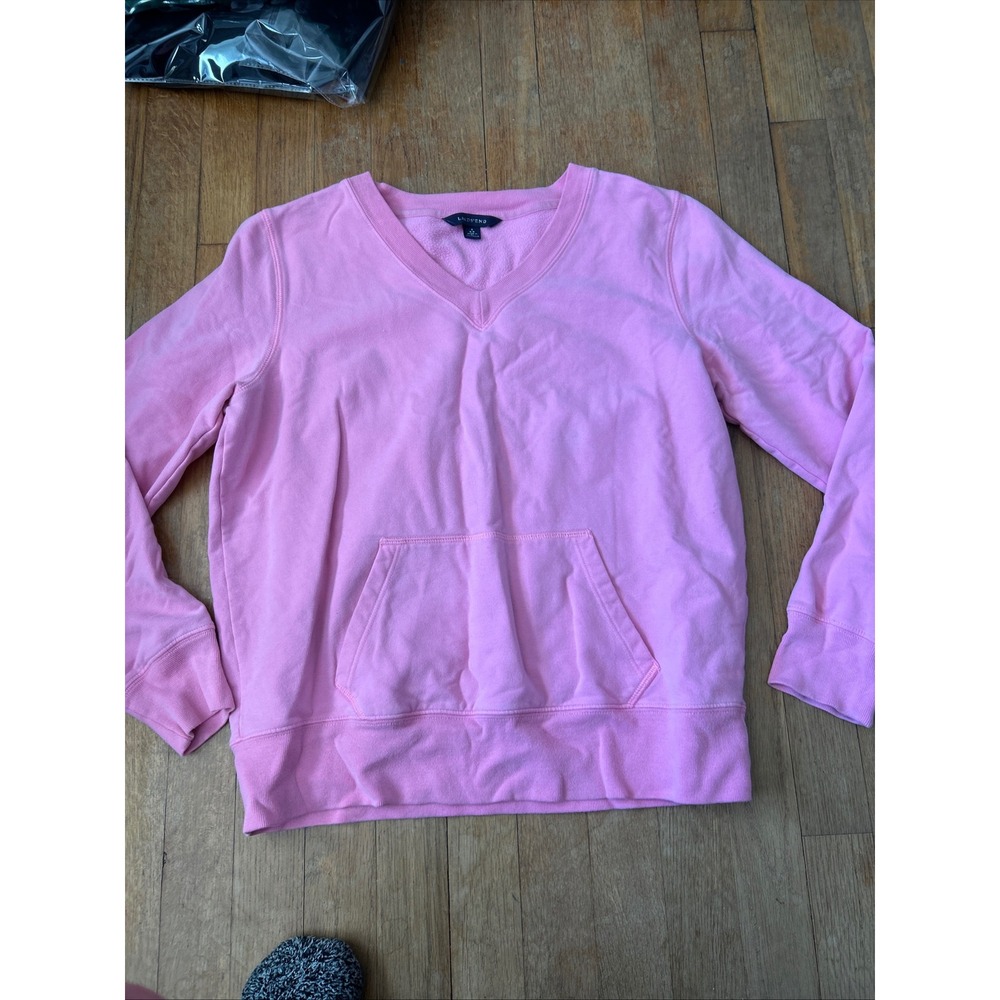 Lands End Pink V-Neck Kangaroo Pocket Fleece Pullover Sweatshirt Small 6-8